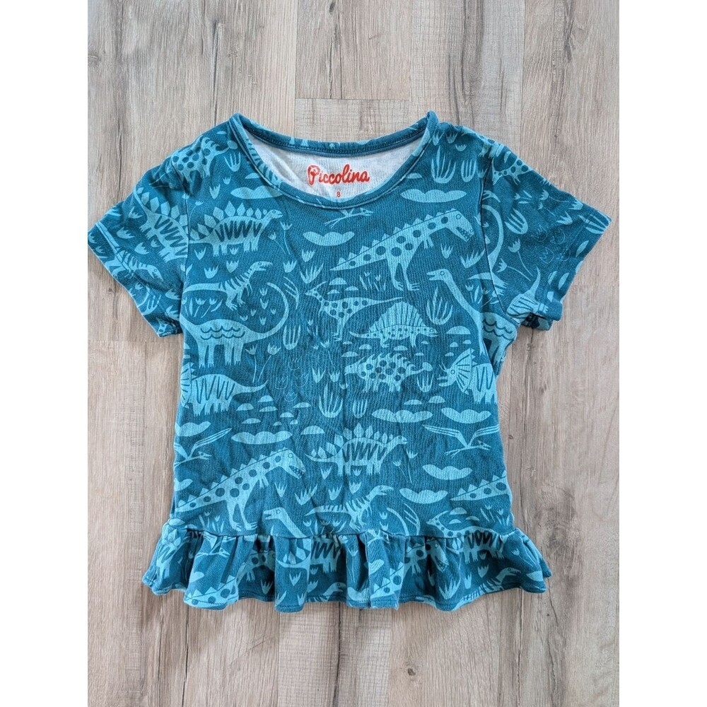 Piccolina Teal Dino Ruffle Hem Kids Top, 8Y (V8)
